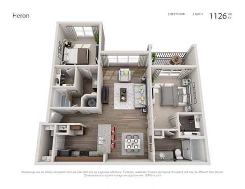 Floor plan for 2 beds, 2 baths, 1126 sqft